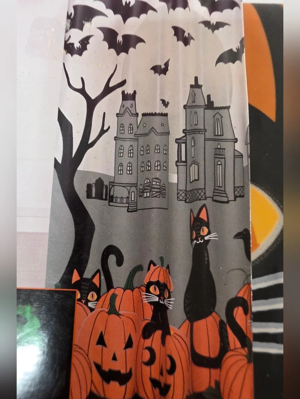 Celebrate Halloween Together Orange Black Scenic Cat Shower Curtain Glow In Dark